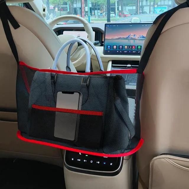 Main image of Car Net Pocket Handbag Holder, Purse Holder for Car, Driver Storage Netting Pouch for Handbag Purse, Mesh Vehicle Storage Organizer Between Front Seats Universal for SUV Truck RV (Red)
