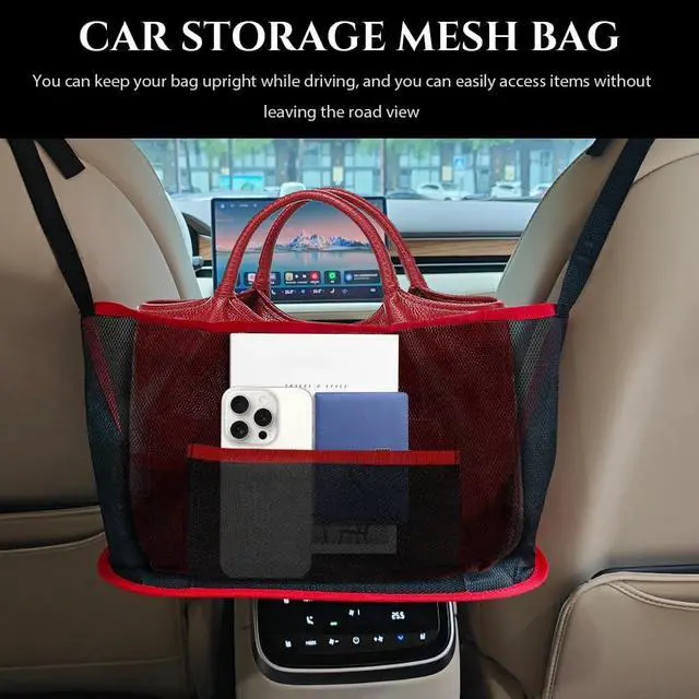 Alt view image 3 of 7 - Car Net Pocket Handbag Holder, Purse Holder for Car, Driver Storage Netting Pouch for Handbag Purse, Mesh Vehicle Storage Organizer Between Front Seats Universal for SUV Truck RV (Red)
