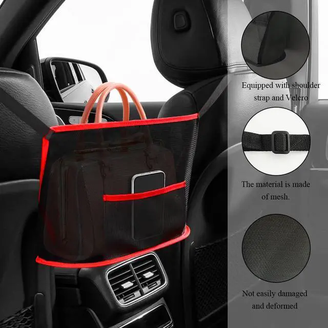 Alt view image 5 of 7 - Car Net Pocket Handbag Holder, Purse Holder for Car, Driver Storage Netting Pouch for Handbag Purse, Mesh Vehicle Storage Organizer Between Front Seats Universal for SUV Truck RV (Red)