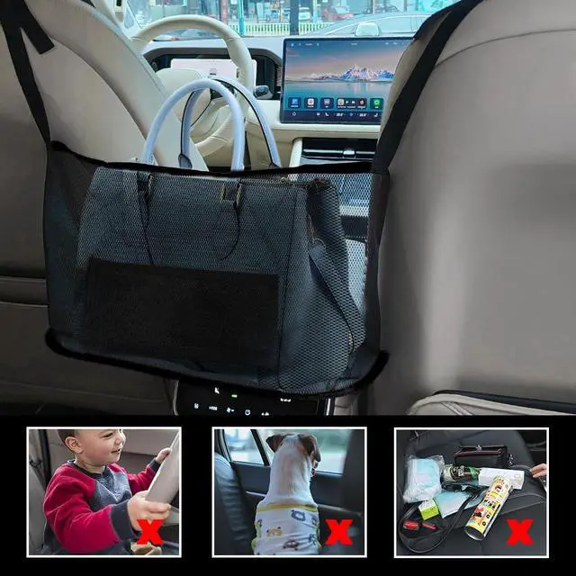 Alt view image 6 of 7 - Car Net Pocket Handbag Holder, Purse Holder for Car, Driver Storage Netting Pouch for Handbag Purse, Mesh Vehicle Storage Organizer Between Front Seats Universal for SUV Truck RV (Red)