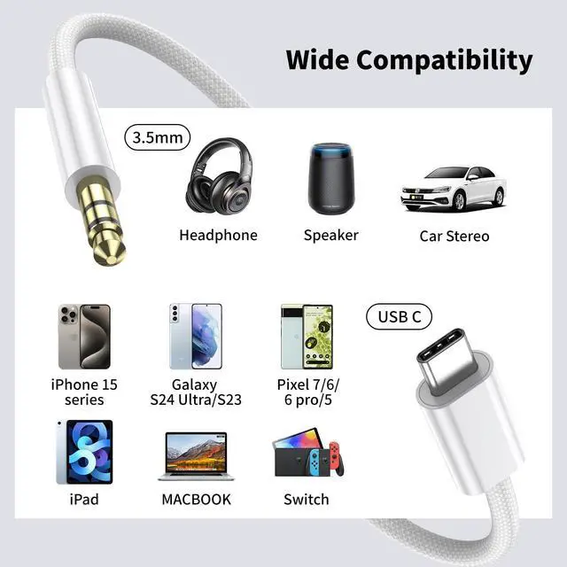Alt view image 2 of 6 - (2 Pack 4.0ft) Aux to USB C Cable, Aux Cord for iPhone 17/16/15, USB C to 3.5mm Male Audio Jack Cable Compatible for Car/iPhone 16 Plus /16 Pro Max/Samsung Galaxy S23 S22 Note 20/ Pixel 5 XL
