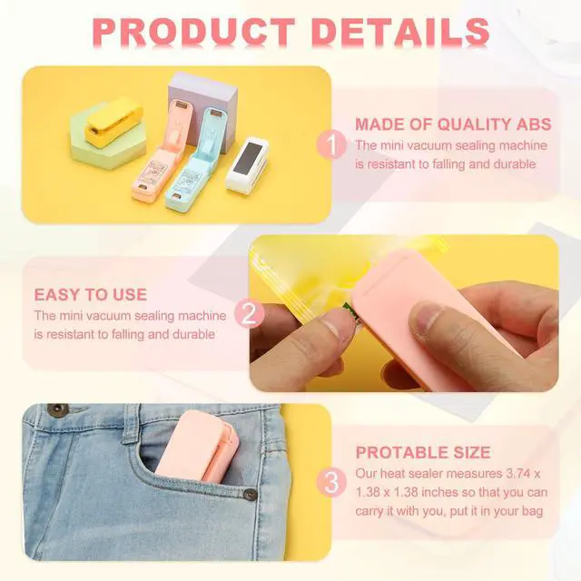 Alt view image 3 of 6 - 2Pcs Portable Mini Sealing Machine, Handheld Food Heat Vacuum Sealers Magnetic Mini Bag Sealer for Plastic Bags Snacks Storage, White/Pink(Battery Powered)