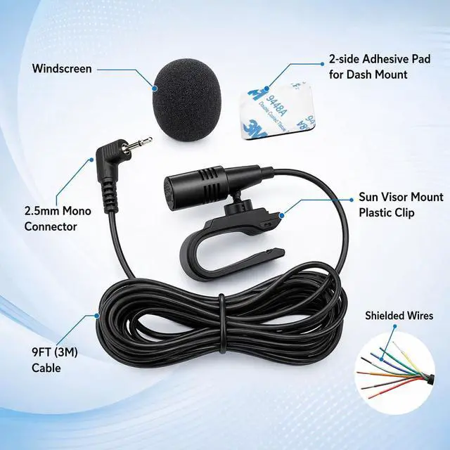 Alt view image 2 of 7 - 2.5mm Microphone Compatible Replacement for Pioneer DMH-series DMH-160BT DMH-1770NEX DMH-241EX DMH-WT8600NEX Car Stereo Receiver Clip-On External Dash Mic for Hands-Free Calls Voice Control 9FT Cable