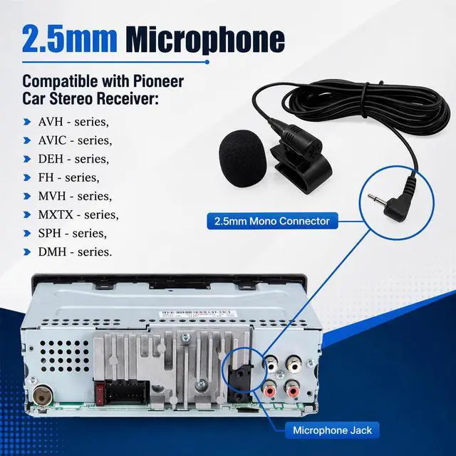 Alt view image 3 of 7 - 2.5mm Microphone Compatible Replacement for Pioneer DMH-series DMH-160BT DMH-1770NEX DMH-241EX DMH-WT8600NEX Car Stereo Receiver Clip-On External Dash Mic for Hands-Free Calls Voice Control 9FT Cable