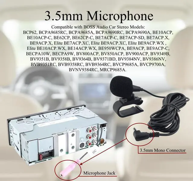 Alt view image 4 of 7 - 3.5mm Microphone Compatible Replacement for BOSS Car Stereo Receiver - Clip-On Dash Mic for Bluetooth Voice Control and Clear Call Audio with 9FT Cable BCP62 BCPA9690RC BE10ACP BE9ACP.X Elite BECPA10W