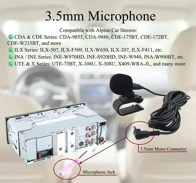 Alt view image 4 of 7 - 3.5mm Microphone Compatible Replacement for Alpine CDA CDE ILX INE INA UTE X-Series Car Stereo Receiver - Clip-On Dash Mic for Bluetooth Voice Control and Clear Call Audio with 9FT Cable