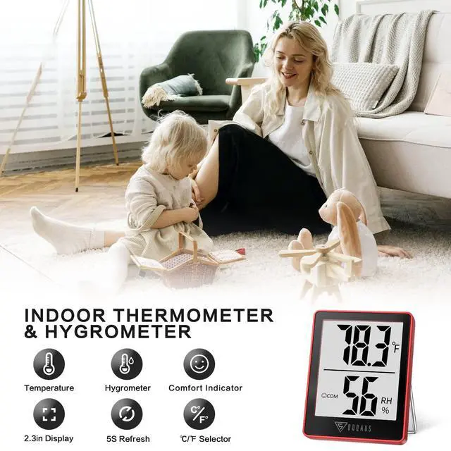 Alt view image 2 of 7 - Digital Hygrometer Indoor Thermometer Humidity Gauge Room Thermometer with 5s Fast Refresh Accurate Temperature Humidity Monitor for Home, Bedroom, Baby Room, Office, Greenhouse, Cellar, Red