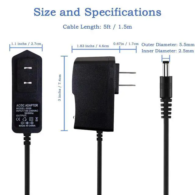 Alt view image 3 of 3 - 12V 1A Power Supply Adapter, AC 100-240V to DC 12V 1000mA 12W, 5.5x2.5mm Center Positive Plug (Fits 2.1mm), 5ft Cord for LED Strips, CCTV Cameras, Routers