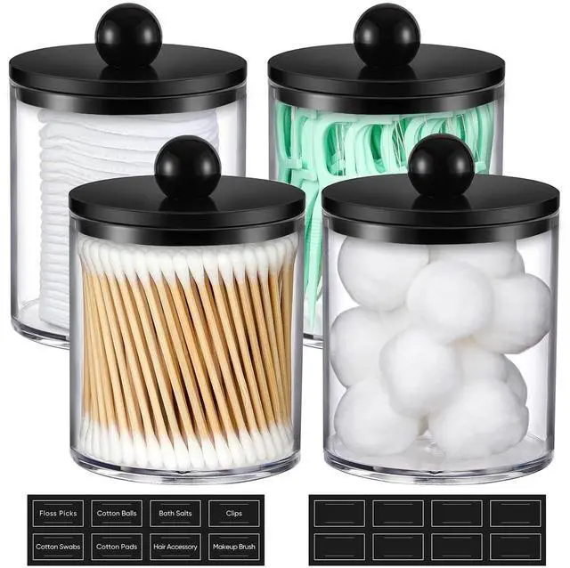 Main image of 4 Pack Acrylic Qtip Holder Dispenser for Cotton Swabs, Balls, Pads, Floss - Plastic Canister Apothecary Jar Set, Bathroom Essentials Accessories Decor Vanity Makeup Storage Organizer - Clear & Black