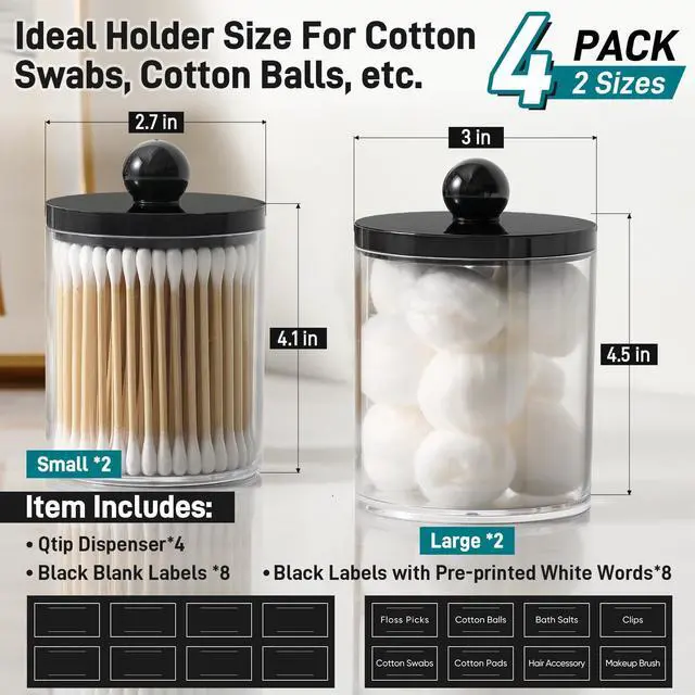 Alt view image 3 of 7 - 4 Pack Acrylic Qtip Holder Dispenser for Cotton Swabs, Balls, Pads, Floss - Plastic Canister Apothecary Jar Set, Bathroom Essentials Accessories Decor Vanity Makeup Storage Organizer - Clear & Black