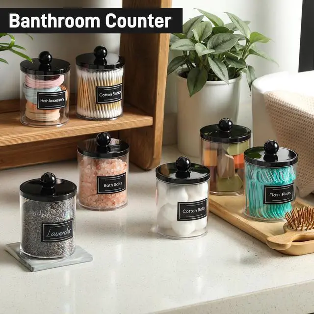 Alt view image 4 of 7 - 4 Pack Acrylic Qtip Holder Dispenser for Cotton Swabs, Balls, Pads, Floss - Plastic Canister Apothecary Jar Set, Bathroom Essentials Accessories Decor Vanity Makeup Storage Organizer - Clear & Black