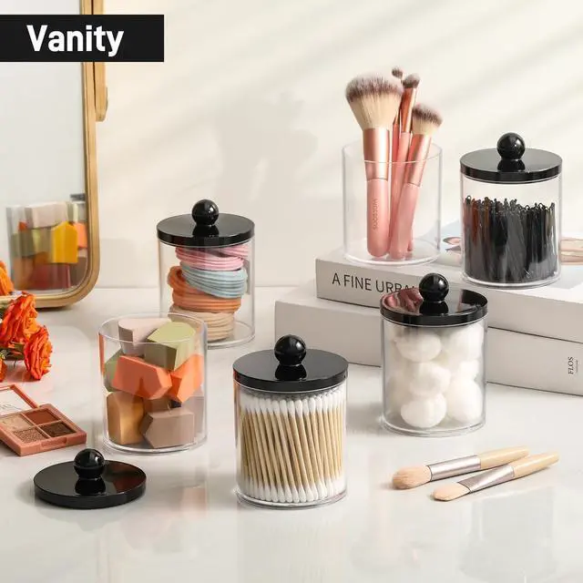 Alt view image 5 of 7 - 4 Pack Acrylic Qtip Holder Dispenser for Cotton Swabs, Balls, Pads, Floss - Plastic Canister Apothecary Jar Set, Bathroom Essentials Accessories Decor Vanity Makeup Storage Organizer - Clear & Black
