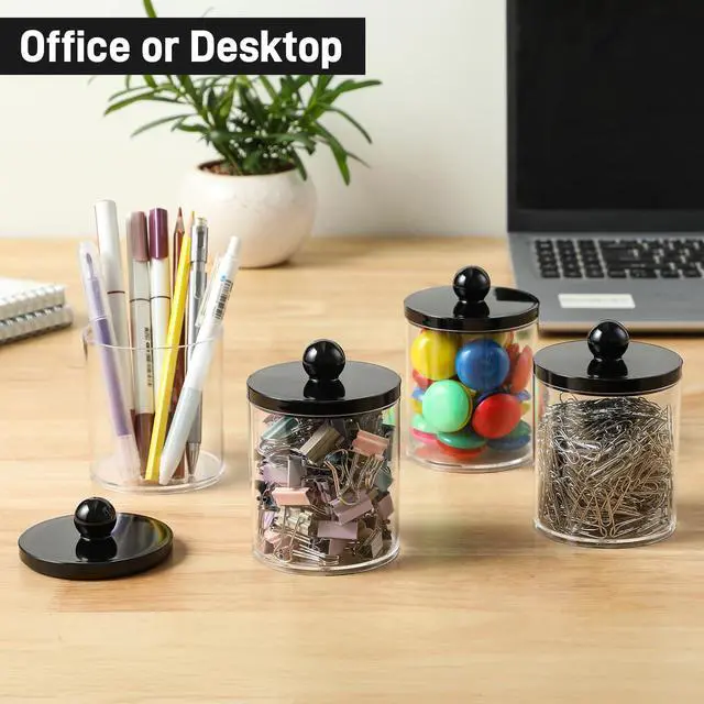 Alt view image 7 of 7 - 4 Pack Acrylic Qtip Holder Dispenser for Cotton Swabs, Balls, Pads, Floss - Plastic Canister Apothecary Jar Set, Bathroom Essentials Accessories Decor Vanity Makeup Storage Organizer - Clear & Black