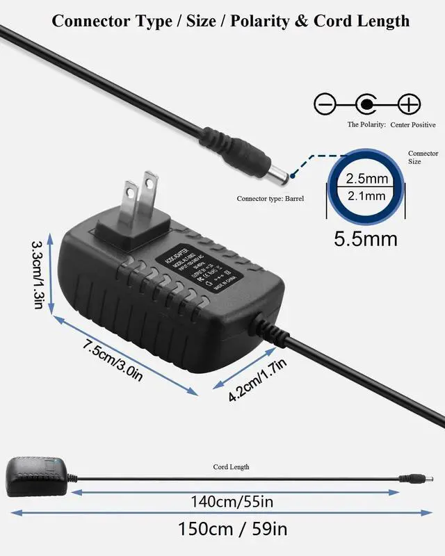 Alt view image 2 of 7 - 9V DC 2A Power Adapter Supply, AC/DC Adapter 100-240V 50-60Hz to 9 Volt 2000mA DC Adapter, DC 9V Power Cord - Center Positive, &5.5 x 2.1mm Reverse Polarity Converter Cable