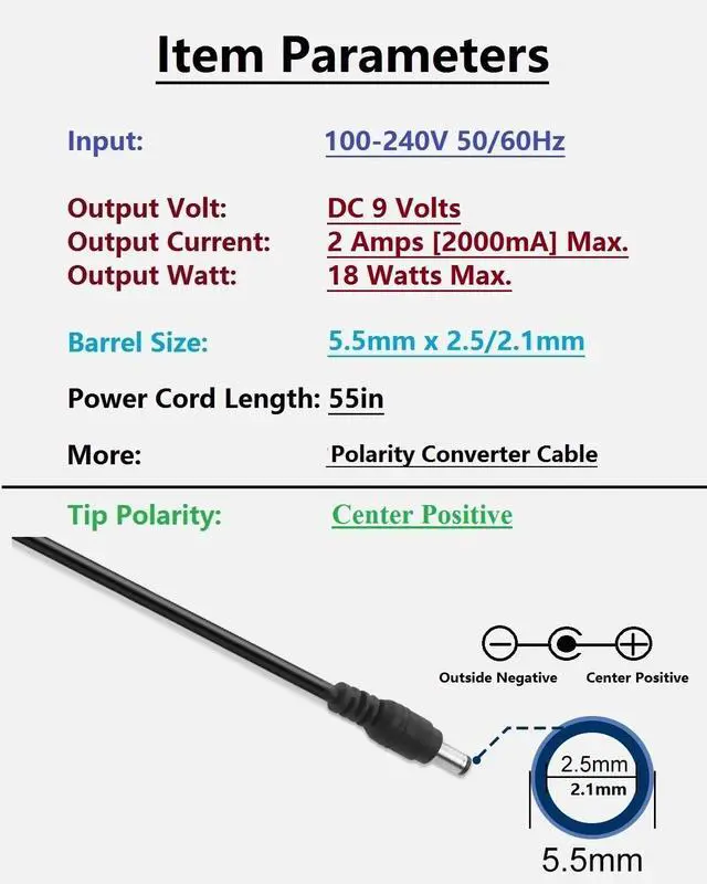 Alt view image 3 of 7 - 9V DC 2A Power Adapter Supply, AC/DC Adapter 100-240V 50-60Hz to 9 Volt 2000mA DC Adapter, DC 9V Power Cord - Center Positive, &5.5 x 2.1mm Reverse Polarity Converter Cable
