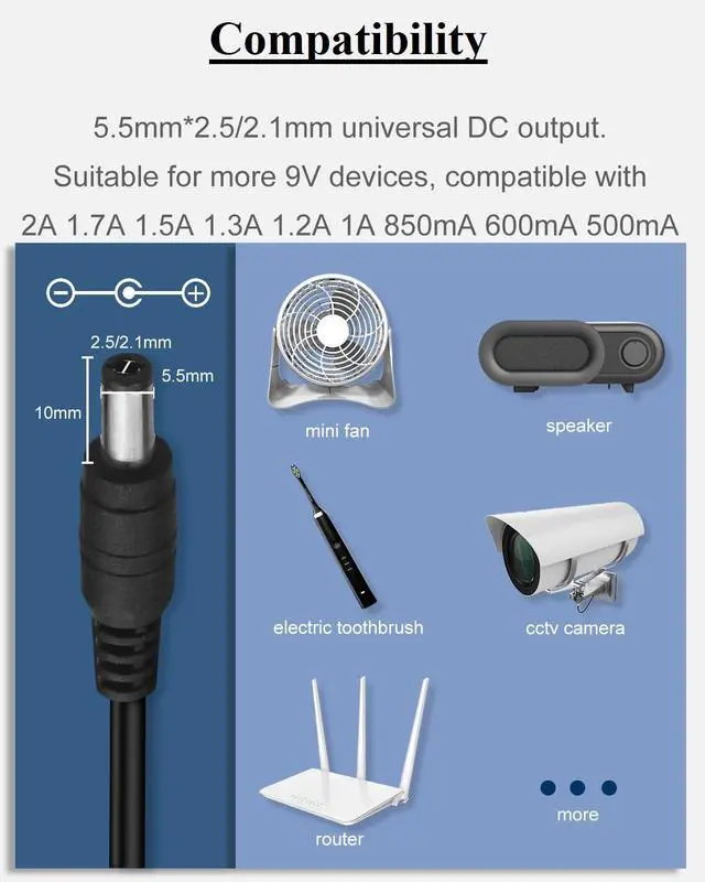 Alt view image 6 of 7 - 9V DC 2A Power Adapter Supply, AC/DC Adapter 100-240V 50-60Hz to 9 Volt 2000mA DC Adapter, DC 9V Power Cord - Center Positive, &5.5 x 2.1mm Reverse Polarity Converter Cable