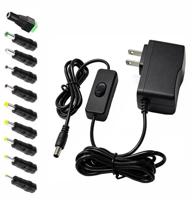 Main image of 12V 1A Replacement Switching Adapter 6.2ft Cord Inline Switch 5.5x2.5mm &10 DC Tips