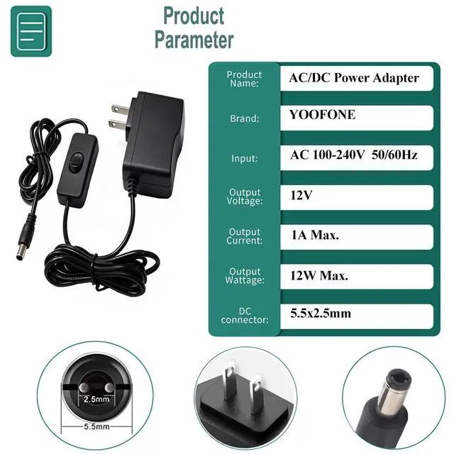 Alt view image 2 of 7 - 12V 1A Replacement Switching Adapter 6.2ft Cord Inline Switch 5.5x2.5mm &10 DC Tips