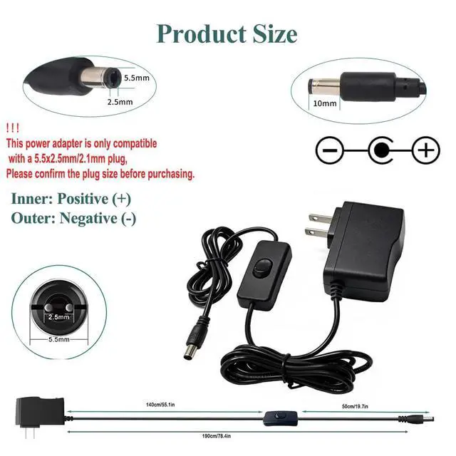 Alt view image 3 of 7 - 12V 1A Replacement Switching Adapter 6.2ft Cord Inline Switch 5.5x2.5mm &10 DC Tips