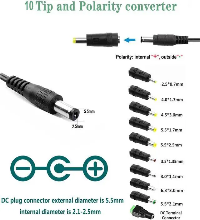 Alt view image 5 of 7 - 12V 1A Replacement Switching Adapter 6.2ft Cord Inline Switch 5.5x2.5mm &10 DC Tips