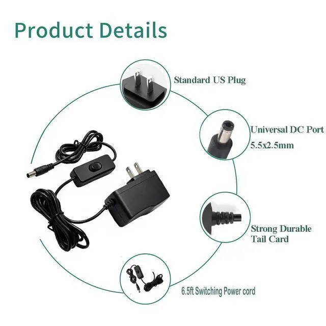Alt view image 6 of 7 - 12V 1A Replacement Switching Adapter 6.2ft Cord Inline Switch 5.5x2.5mm &10 DC Tips