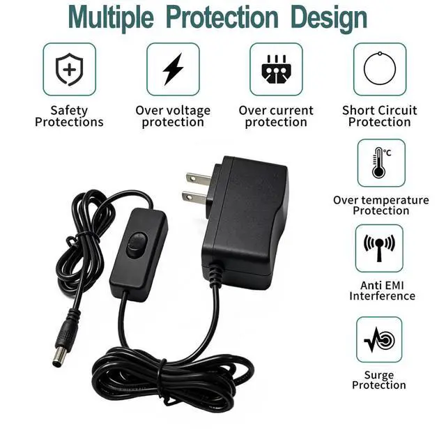 Alt view image 7 of 7 - 12V 1A Replacement Switching Adapter 6.2ft Cord Inline Switch 5.5x2.5mm &10 DC Tips