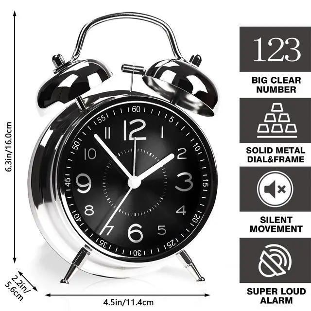 Alt view image 2 of 6 - Super Loud Alarm Clock for Heavy Sleepers Adults,Twin Bell Retro 4 Inch Silent Non-Ticking Quartz with Backlight, Metal dial, Alarm Clocks for Bedrooms Bedside (Black)