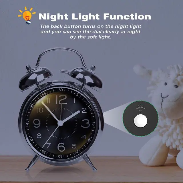 Alt view image 5 of 6 - Super Loud Alarm Clock for Heavy Sleepers Adults,Twin Bell Retro 4 Inch Silent Non-Ticking Quartz with Backlight, Metal dial, Alarm Clocks for Bedrooms Bedside (Black)
