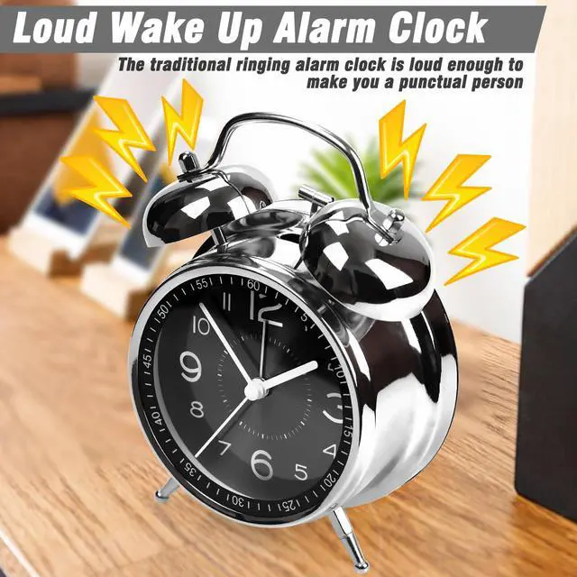 Alt view image 4 of 6 - Super Loud Alarm Clock for Heavy Sleepers Adults,Twin Bell Retro 4 Inch Silent Non-Ticking Quartz with Backlight, Metal dial, Alarm Clocks for Bedrooms Bedside (Black)