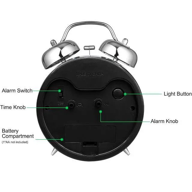 Alt view image 6 of 6 - Super Loud Alarm Clock for Heavy Sleepers Adults,Twin Bell Retro 4 Inch Silent Non-Ticking Quartz with Backlight, Metal dial, Alarm Clocks for Bedrooms Bedside (Black)