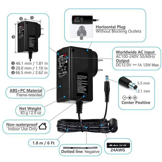 Alt view image 4 of 6 - 12V 1A 12W Power Supply AC DC Switching Adapter, 12 Volt 1 Amp AC/DC Wall Wart Converter Transformer, 100-240v 50 60HZ Input with 12vdc 1000ma Output