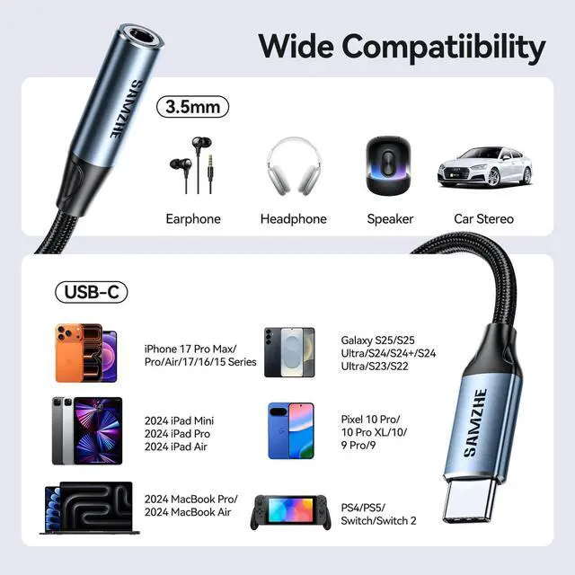 Alt view image 7 of 7 - USB C to 3.5mm Audio Adapter Type C to Headphone Aux Jack Dongle 24bit/96kHz HiFi DAC Cable Cord Compatible with iPhone 17 16 Pro Max/16 Plus, iPad, Galaxy S25 S24 Ultra, Pixel 10 Grey