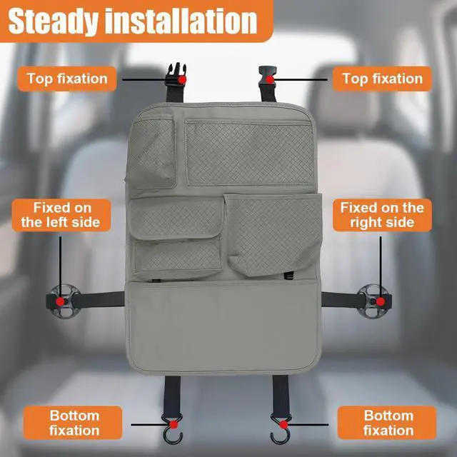 Alt view image 4 of 6 - Car Backseat Organizer, Leather Auto Seat Back Kick Mats Protector, Multi-Pocket Car Rear Seat Hanging Storage Bag with Tissue Holder, Travel Accessories for Most Cars SUV Truck(Gray)