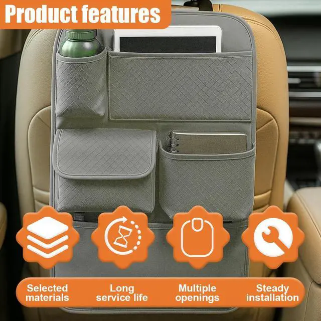 Alt view image 5 of 6 - Car Backseat Organizer, Leather Auto Seat Back Kick Mats Protector, Multi-Pocket Car Rear Seat Hanging Storage Bag with Tissue Holder, Travel Accessories for Most Cars SUV Truck(Gray)