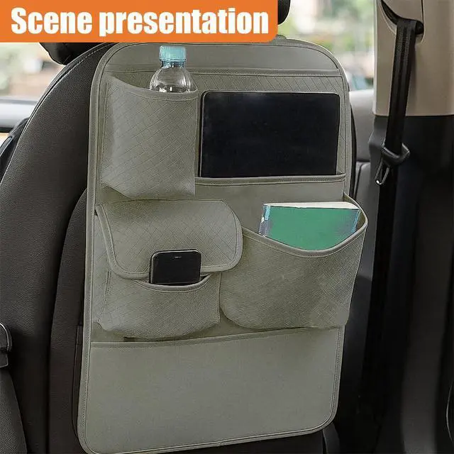 Alt view image 6 of 6 - Car Backseat Organizer, Leather Auto Seat Back Kick Mats Protector, Multi-Pocket Car Rear Seat Hanging Storage Bag with Tissue Holder, Travel Accessories for Most Cars SUV Truck(Gray)