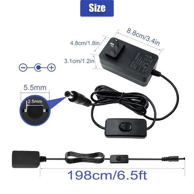 Alt view image 4 of 7 - 12V 2A Power Supply Adapter, AC 100-240V to DC 12 Volt 2000mA 1000mA Converter Transformer, 6.5ft Cord with On/Off Switch, 5.5x2.5mm Plug for LED Strip, CCTV Camera, Router