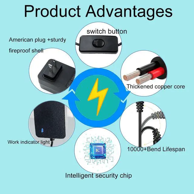 Alt view image 6 of 7 - 12V 2A Power Supply Adapter, AC 100-240V to DC 12 Volt 2000mA 1000mA Converter Transformer, 6.5ft Cord with On/Off Switch, 5.5x2.5mm Plug for LED Strip, CCTV Camera, Router