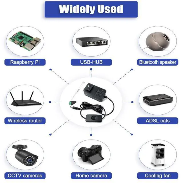 Alt view image 5 of 7 - 12V 2A Power Supply Adapter, AC 100-240V to DC 12 Volt 2000mA 1000mA Converter Transformer, 6.5ft Cord with On/Off Switch, 5.5x2.5mm Plug for LED Strip, CCTV Camera, Router