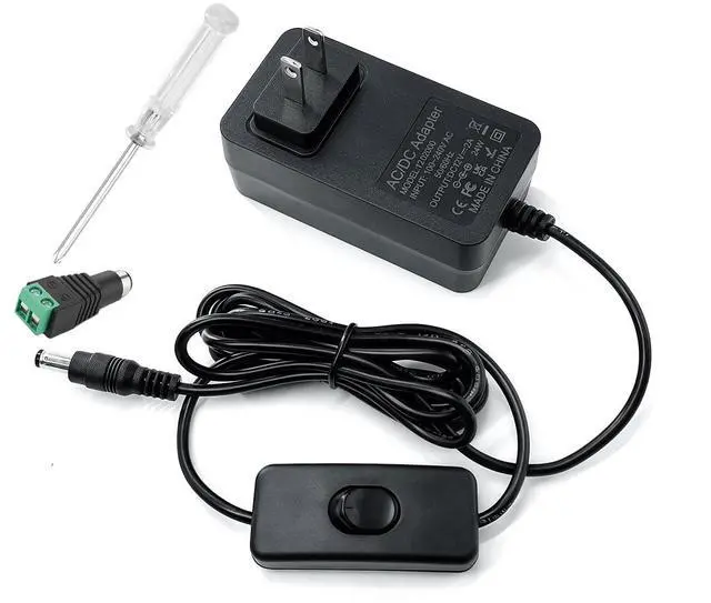 Main image of 12V 2A Power Supply Adapter, AC 100-240V to DC 12 Volt 2000mA 1000mA Converter Transformer, 6.5ft Cord with On/Off Switch, 5.5x2.5mm Plug for LED Strip, CCTV Camera, Router