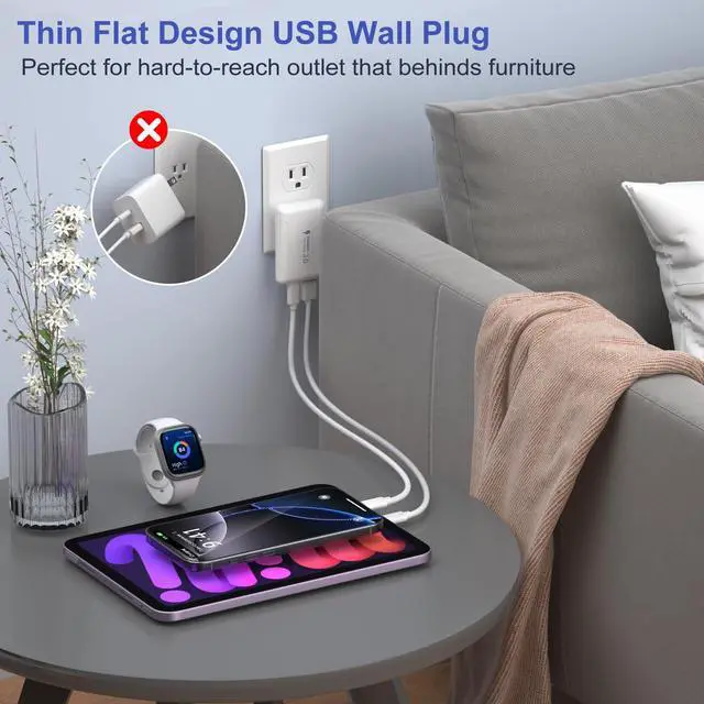 Alt view image 2 of 7 - Slim Flat USB C Wall Plug, OKRAY 50W Ultra-Thin&Foldable Dual USB Charger PD30W USB-C+USB-A Fast Charging Block Multiport Travel Power Adapter for iPhone 17 Air 16 15 14 13 12 Pro,iPad, AirPods,iwatch