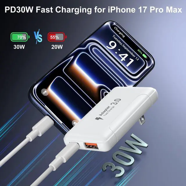 Alt view image 4 of 7 - Slim Flat USB C Wall Plug, OKRAY 50W Ultra-Thin&Foldable Dual USB Charger PD30W USB-C+USB-A Fast Charging Block Multiport Travel Power Adapter for iPhone 17 Air 16 15 14 13 12 Pro,iPad, AirPods,iwatch