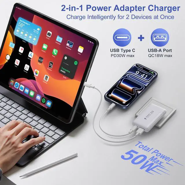 Alt view image 5 of 7 - Slim Flat USB C Wall Plug, OKRAY 50W Ultra-Thin&Foldable Dual USB Charger PD30W USB-C+USB-A Fast Charging Block Multiport Travel Power Adapter for iPhone 17 Air 16 15 14 13 12 Pro,iPad, AirPods,iwatch