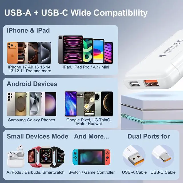 Alt view image 7 of 7 - Slim Flat USB C Wall Plug, OKRAY 50W Ultra-Thin&Foldable Dual USB Charger PD30W USB-C+USB-A Fast Charging Block Multiport Travel Power Adapter for iPhone 17 Air 16 15 14 13 12 Pro,iPad, AirPods,iwatch