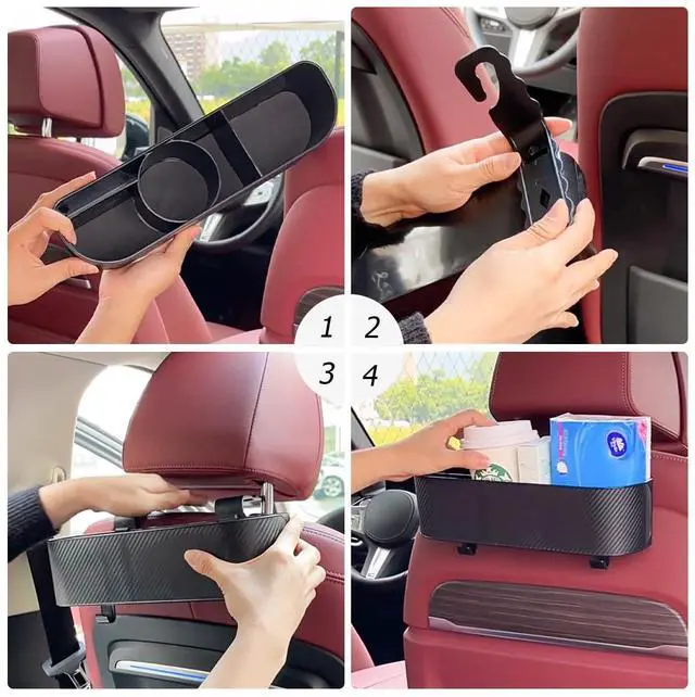 Alt view image 3 of 6 - Car Headrest Backseat Organizer with Cup Holder, Seat Back Hanging Storage Box with Hooks, Multi-Functional Drink Pocket Food Snack Phone Tray for Kids, Car Travel Accessories (Black)