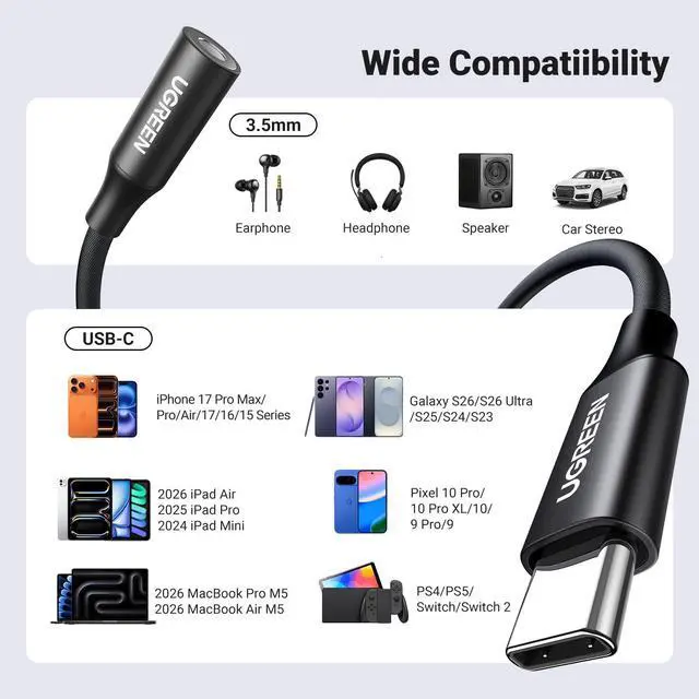 Alt view image 7 of 7 - USB C to 3.5mm Audio Adapter Type C to Headphone Aux Jack Dongle 24bit/96kHz HiFi DAC Cable Cord Compatible with iPhone 17 16 Pro Max/16 Plus, iPad, Galaxy S25 S26 Ultra, Pixel 10, Black