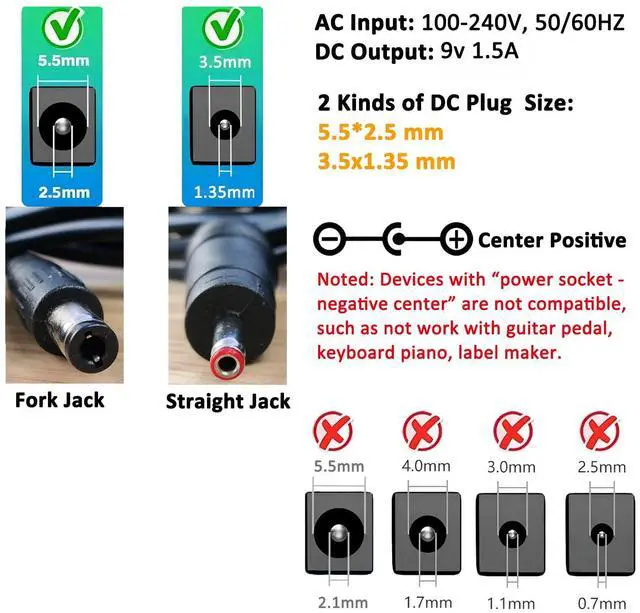Alt view image 3 of 7 - DC 9V Power Cord UL Listed 9V 1.5A Power Supply AC to DC Adapter 5.5mmx2.5mm 3.5mmx 1.35mm Replacement 100-240V 50-60Hz 9 Volt 1.5 Amp Charger 4ft for Camera LED Light Speaker (NOT 5.5mmx2.1mm)