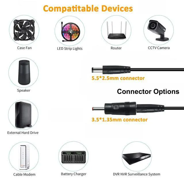 Alt view image 3 of 7 - 5V 2A Power Supply AC to DC Adapter 100-240V 50-60Hz Power Cord 5.5mm x 2.5mm 3.5mm x 1.35mm Plug Wall Charger Replacement 4ft 10W Output 5 Volt 2 Amp for Camera LED Strip Light Speaker
