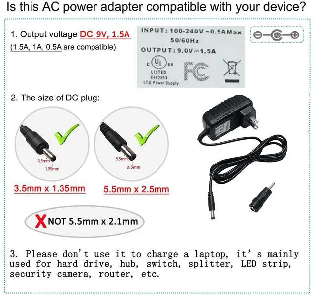 Alt view image 6 of 7 - DC 9V Power Cord UL Listed 9V 1.5A Power Supply AC to DC Adapter 5.5mmx2.5mm 3.5mmx 1.35mm Replacement 100-240V 50-60Hz 9 Volt 1.5 Amp Charger 4ft for Camera LED Light Speaker (NOT 5.5mmx2.1mm)