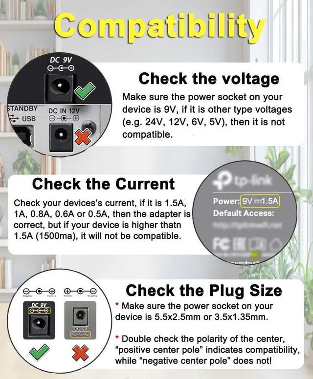 Alt view image 7 of 7 - DC 9V Power Cord UL Listed 9V 1.5A Power Supply AC to DC Adapter 5.5mmx2.5mm 3.5mmx 1.35mm Replacement 100-240V 50-60Hz 9 Volt 1.5 Amp Charger 4ft for Camera LED Light Speaker (NOT 5.5mmx2.1mm)