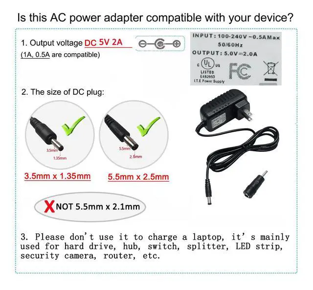 Alt view image 7 of 7 - 5V 2A Power Supply AC to DC Adapter 100-240V 50-60Hz Power Cord 5.5mm x 2.5mm 3.5mm x 1.35mm Plug Wall Charger Replacement 4ft 10W Output 5 Volt 2 Amp for Camera LED Strip Light Speaker